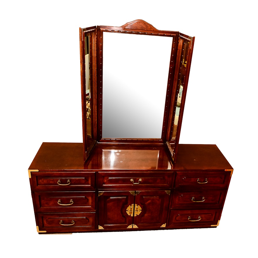 Vintage Bernhardt Asian Style Campaign Dresser With Mirror Ebth