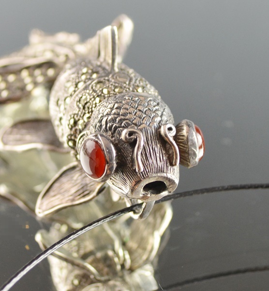 Jizai Okimono Japanese Sterling Silver Koi Fish Pendant On Wire
