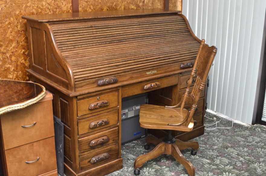 Vintage Oak Roll Top Desk And Chair Ebth