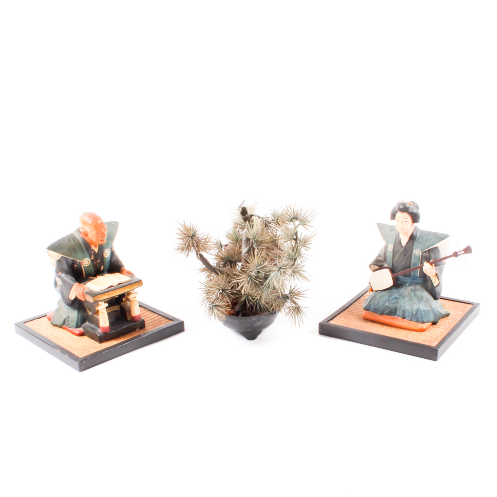 Vintage Japanese Ceramic Figurines and Faux Bonsai Tree EBTH