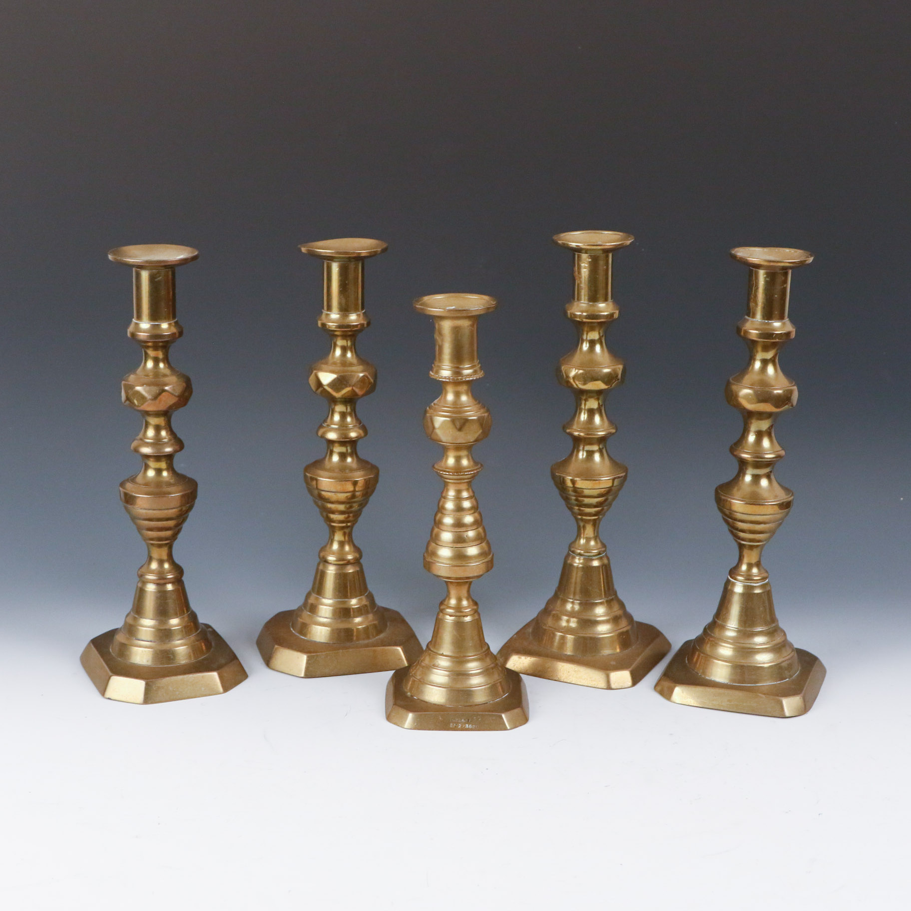 Set of Five Antque Beehive and Diamond English Brass Candlesticks EBTH