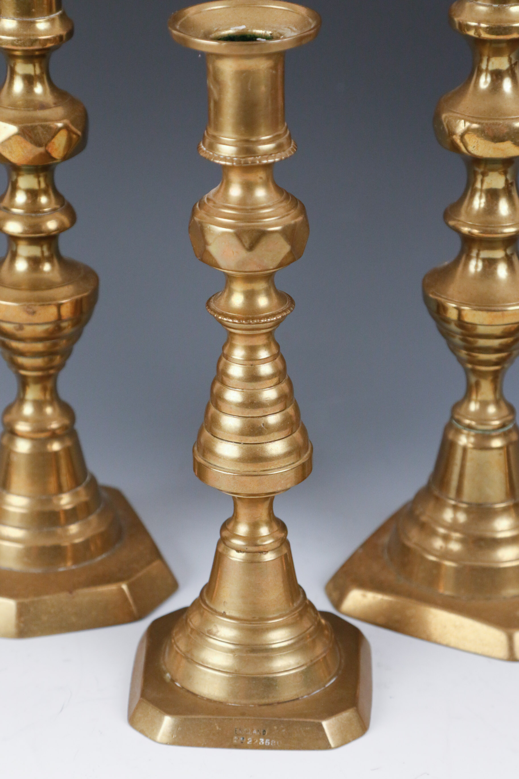 Set of Five Antque Beehive and Diamond English Brass Candlesticks EBTH