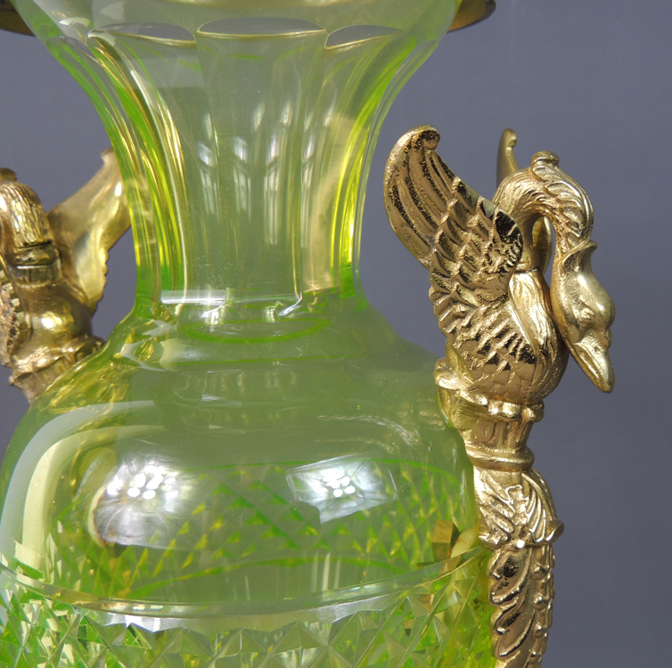 Antique Green Cut Glass Amphora Vase with Swan Handles EBTH