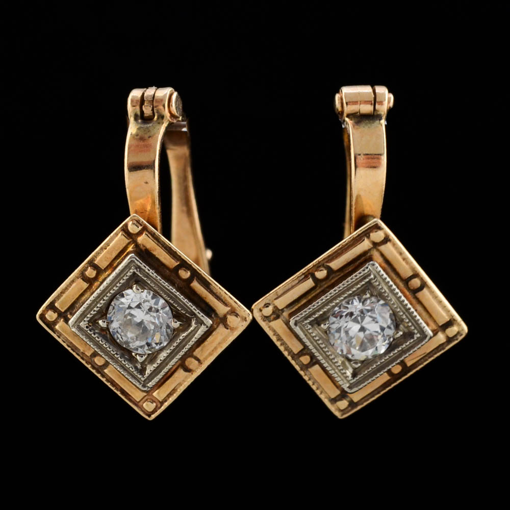 Vintage 14K Two Tone Gold and Diamond Hinge Back Pierced Earrings EBTH