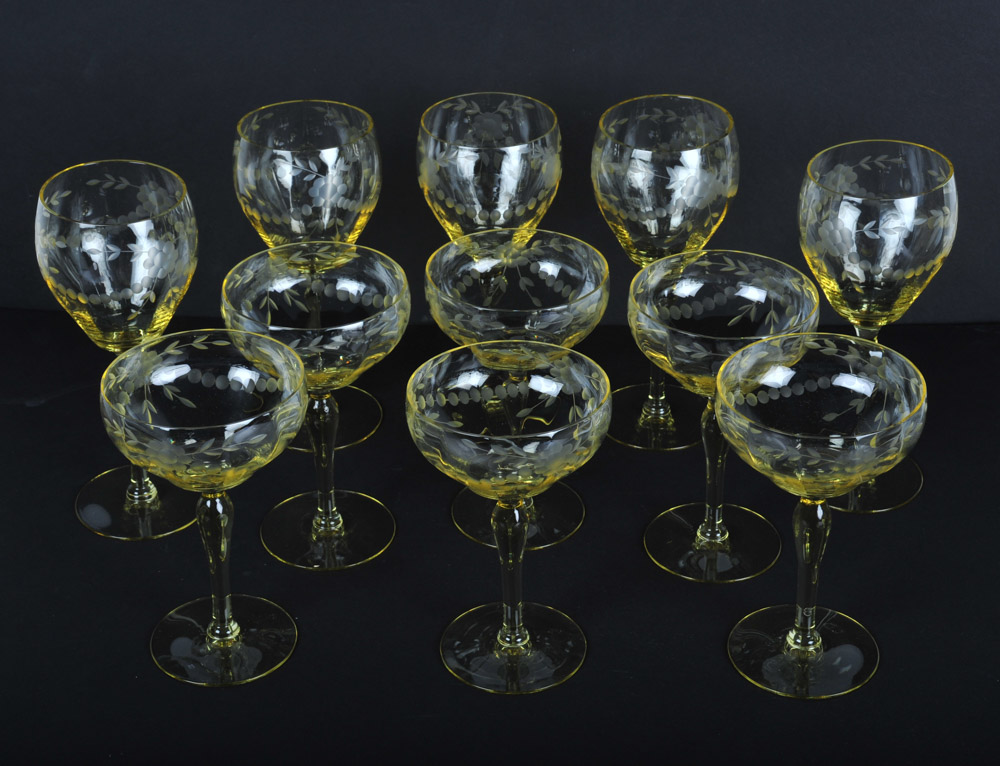 Set of Etched Yellow Crystal Stemware EBTH