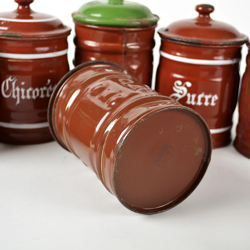 Set of Three Enamelware Canisters in a Red Swirl Pattern, c Set of Three Enamelware Canisters in a Red Swirl Pattern, c