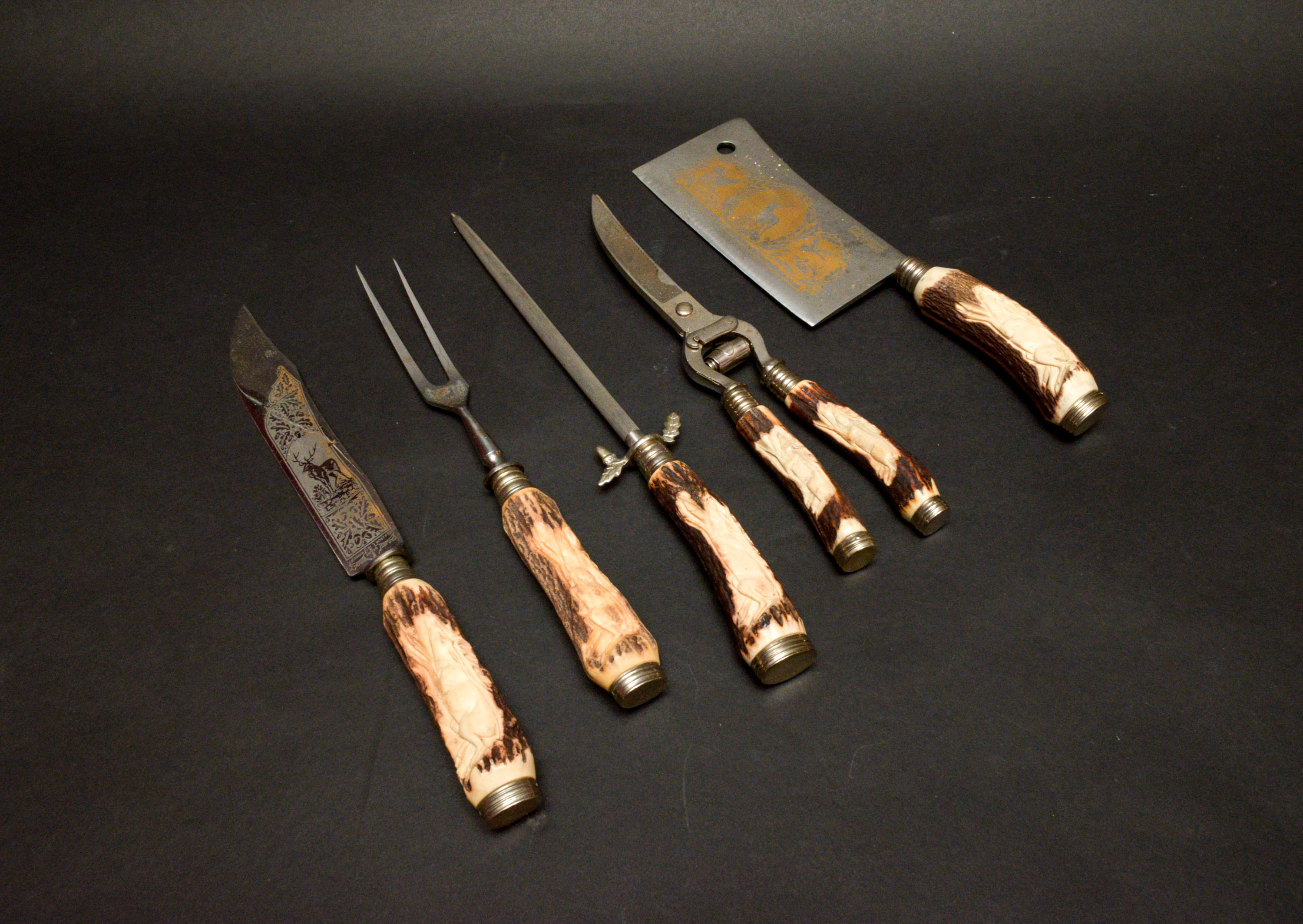 Vtg German Solingen Meyer Rostfrei Carved Stag Handle Carving Set in