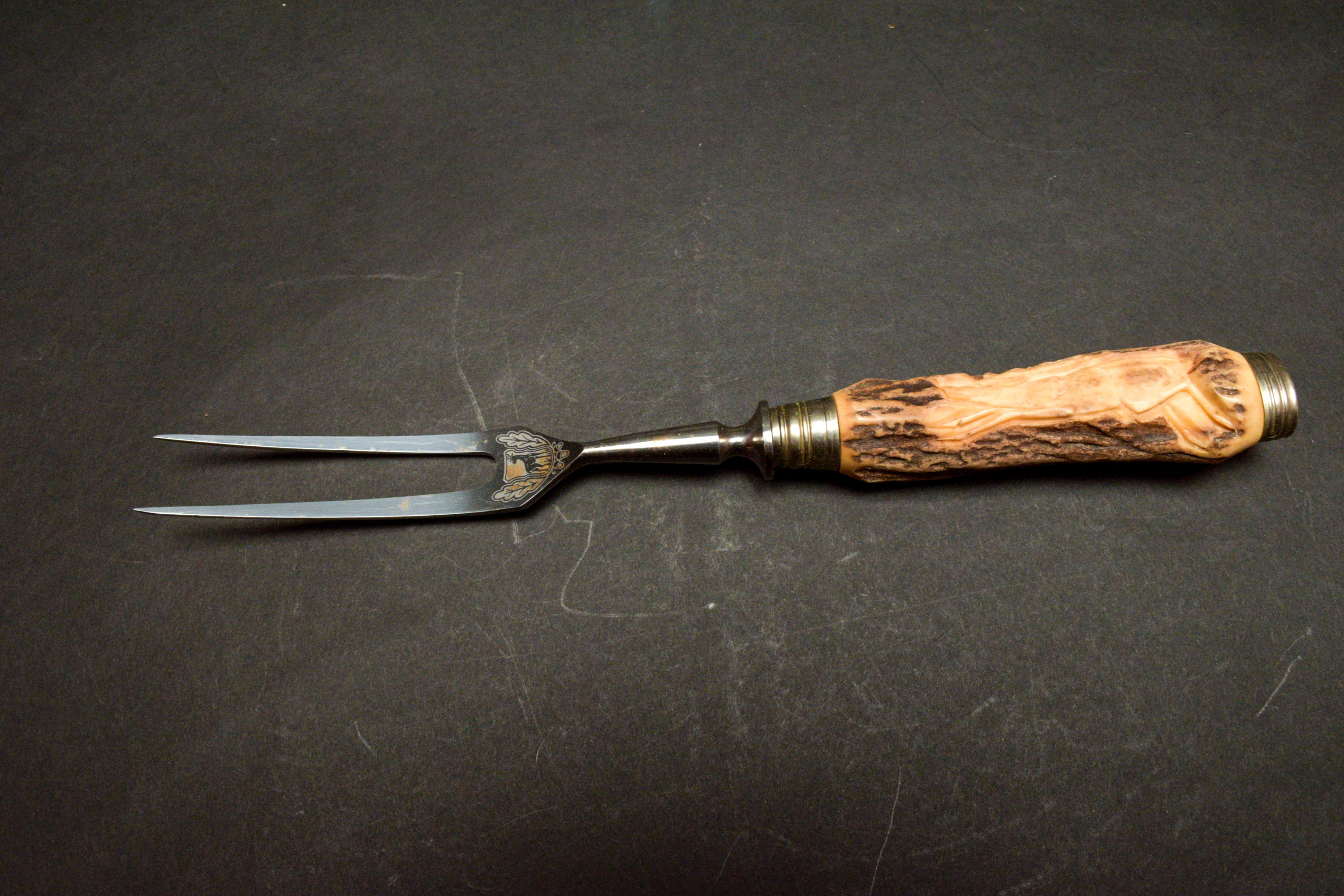 Vtg German Solingen Meyer Rostfrei Carved Stag Handle Carving Set in