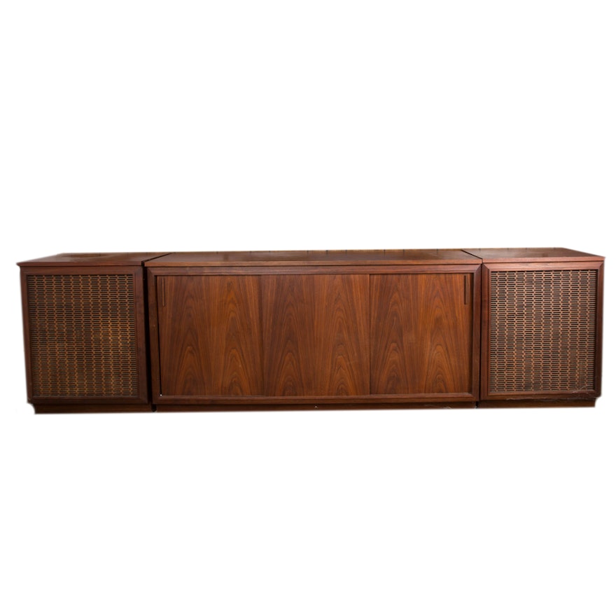 Mid Century Barzilay Walnut Stereo Console With External Speakers Ebth