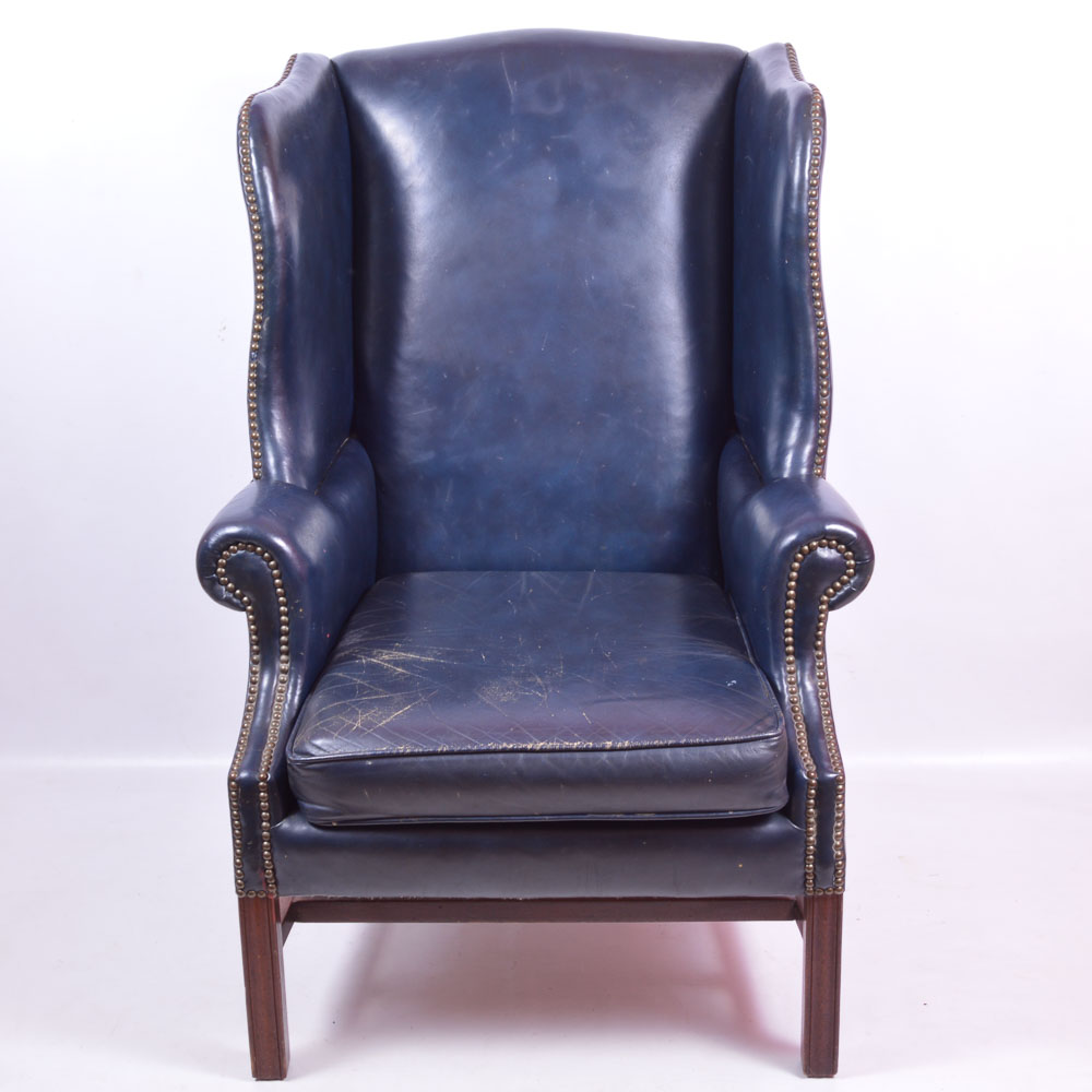 Navy Blue Leather Wingback Chair by Classic Leather, Inc. EBTH