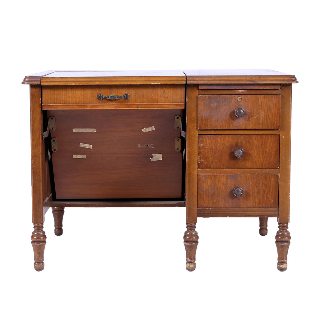 Antique Sewing Desk With Recessing Sewing Machine Platform Ebth