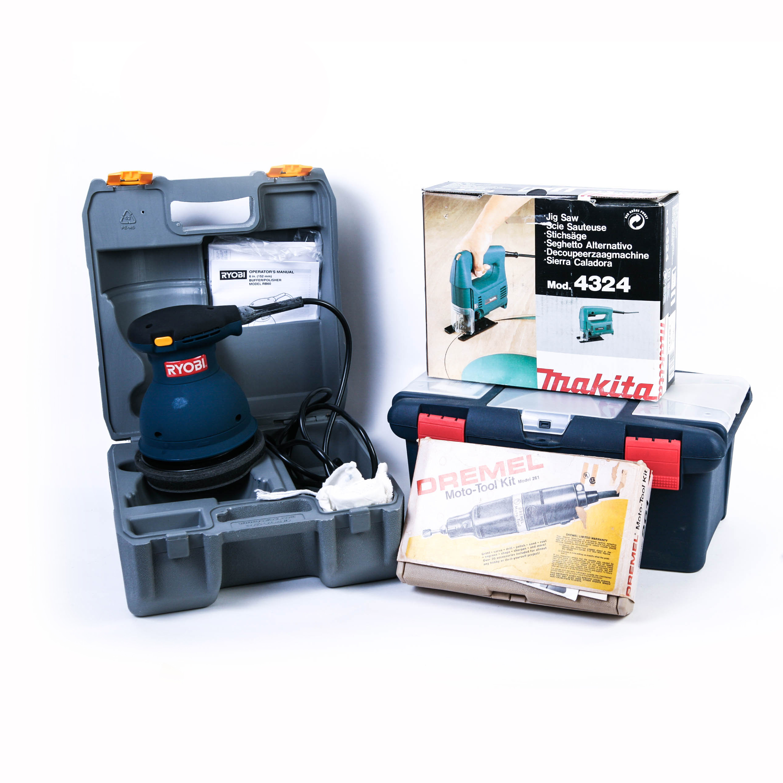 Six Inch Ryobi Orbital Buffer, Thakita Jig Saw, Dremel MotoTool Kit