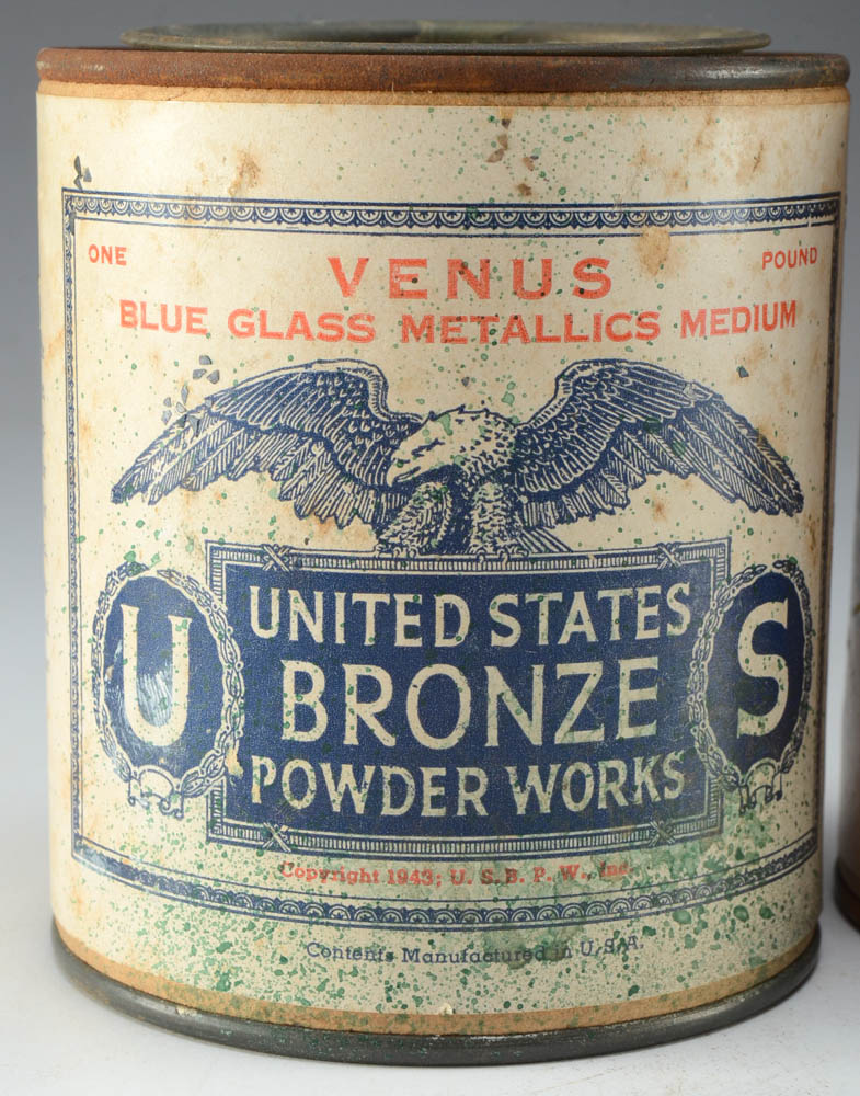 Pair 1943 United States Bronze Powder Works Metal Cans With Patriotic