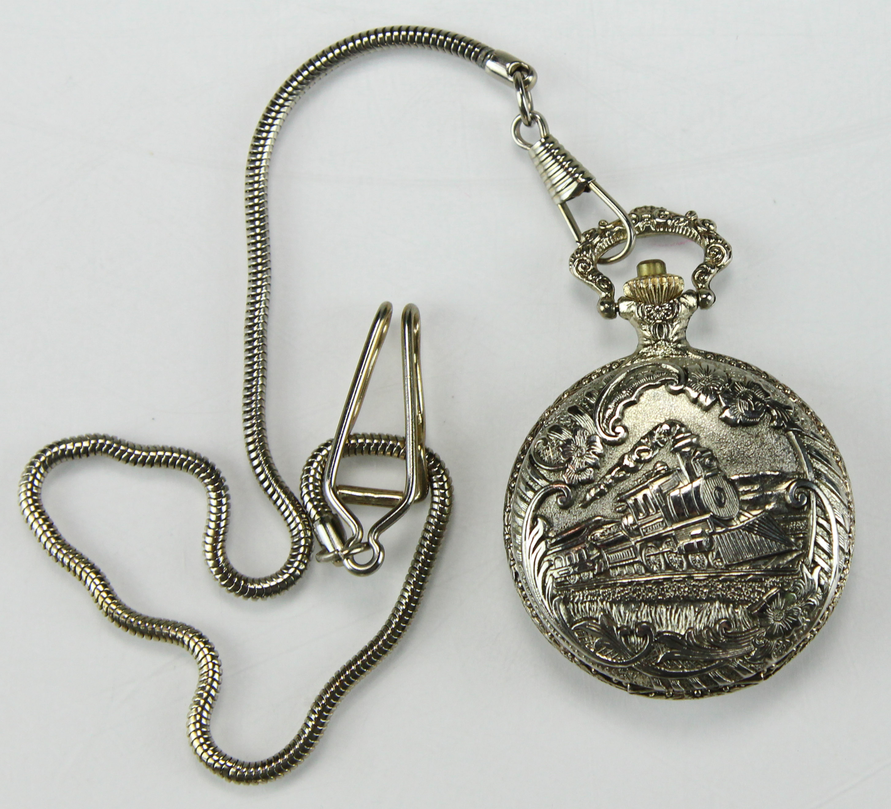 Geneva Pocket Watch with Embossed Steam Train and Stop Watch EBTH