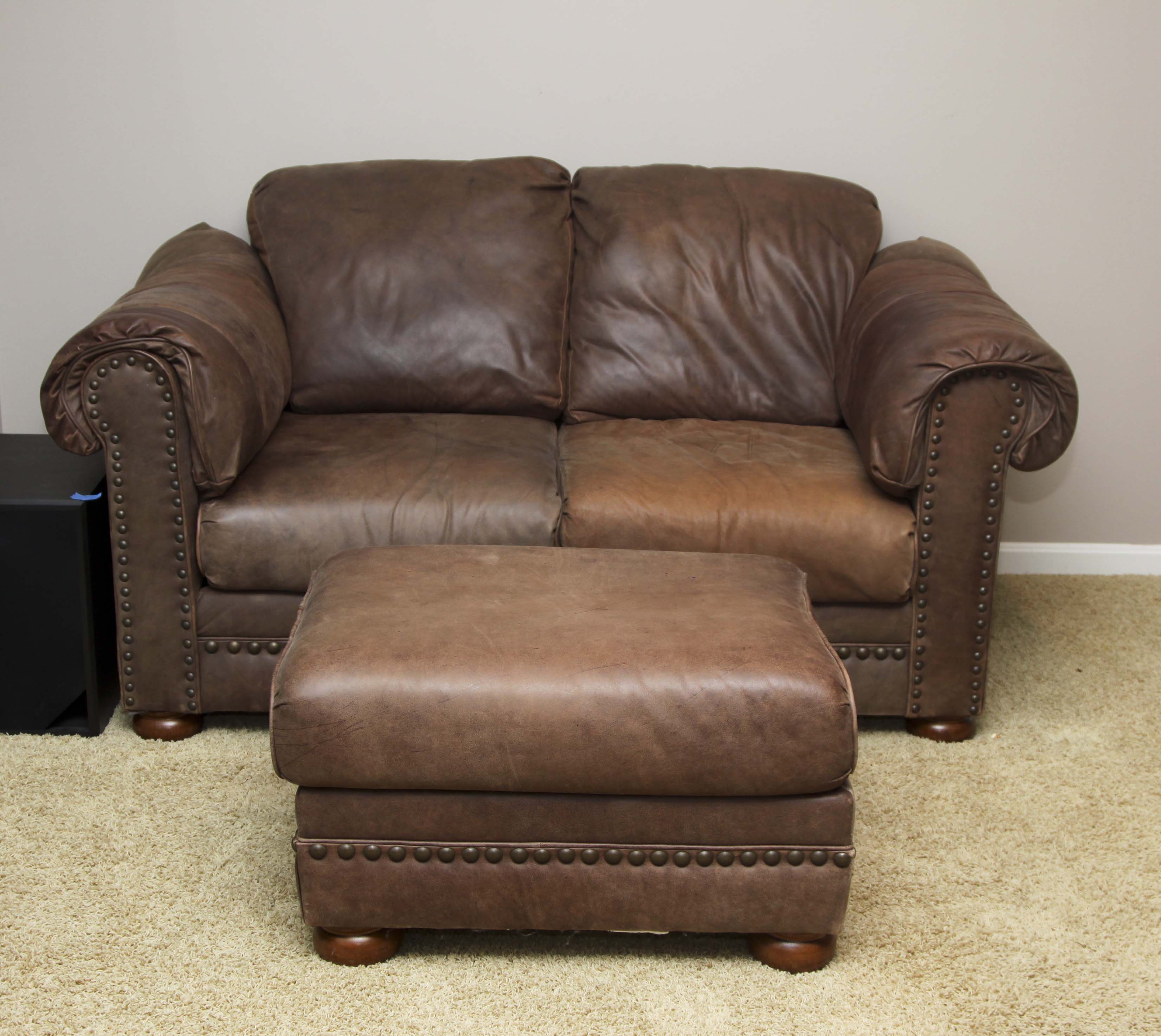 Faux Leather Loveseat and Ottoman with Tack Trim EBTH