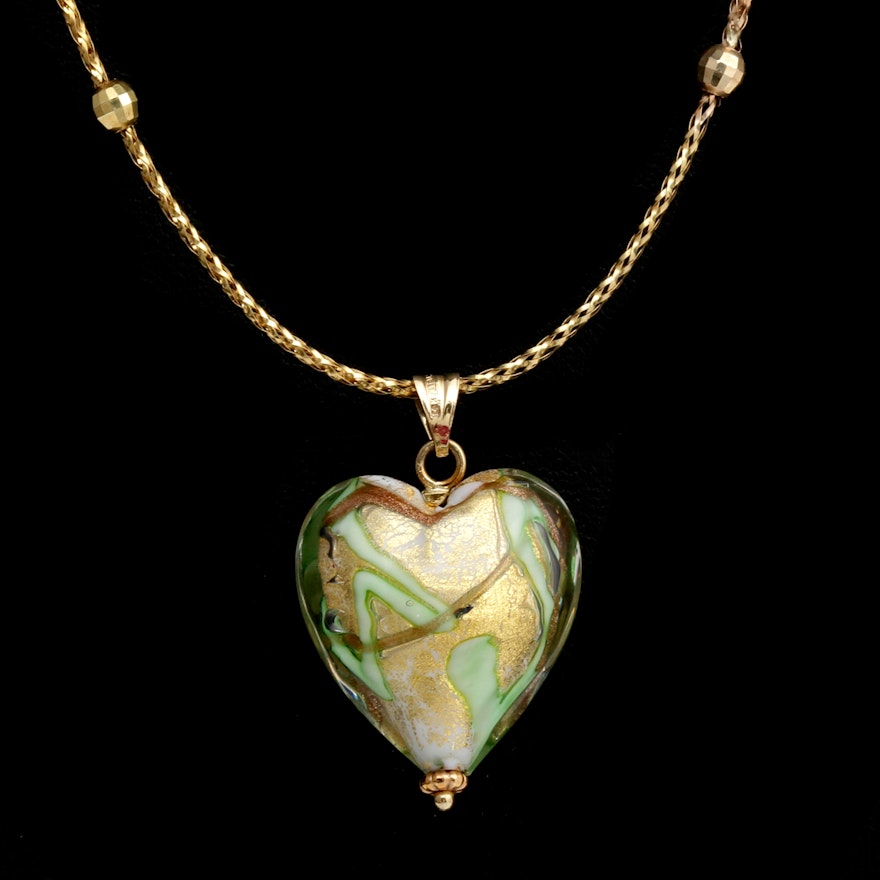 14K Yellow Gold Italian Glass Heart Pendant Necklace | EBTH