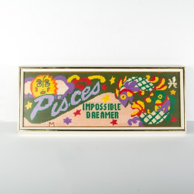 Vintage 1970’s Framed Zodiac Pisces Needlepoint Art