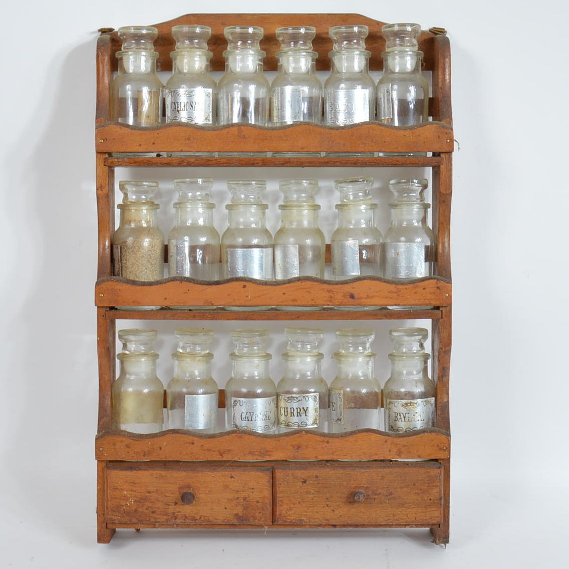 Vintage Wooden Spice Rack And Glass Spice Jars Ebth