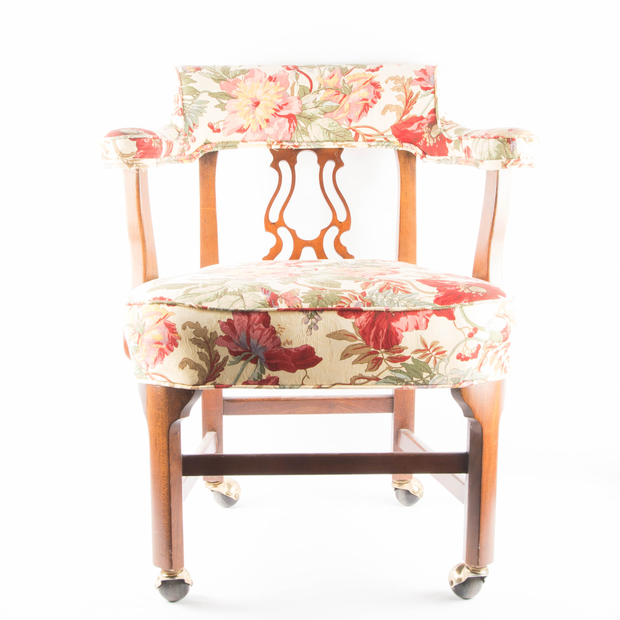 Pair of Floral Upholstered Rolling Desk Chairs EBTH