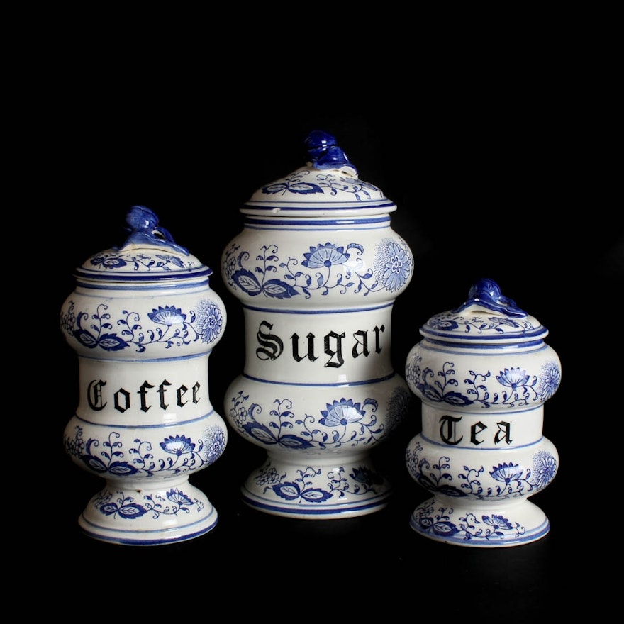 Blue and white canister