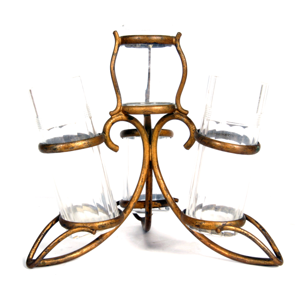 Antique Metal Stand with Four Glass Vases EBTH