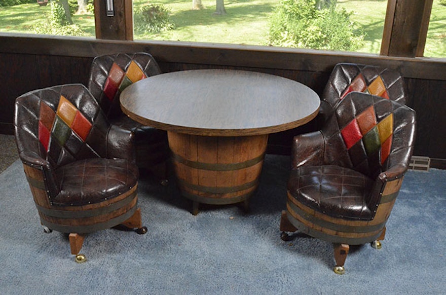 Vintage Oak Barrel Table with Barrel Chairs | EBTH