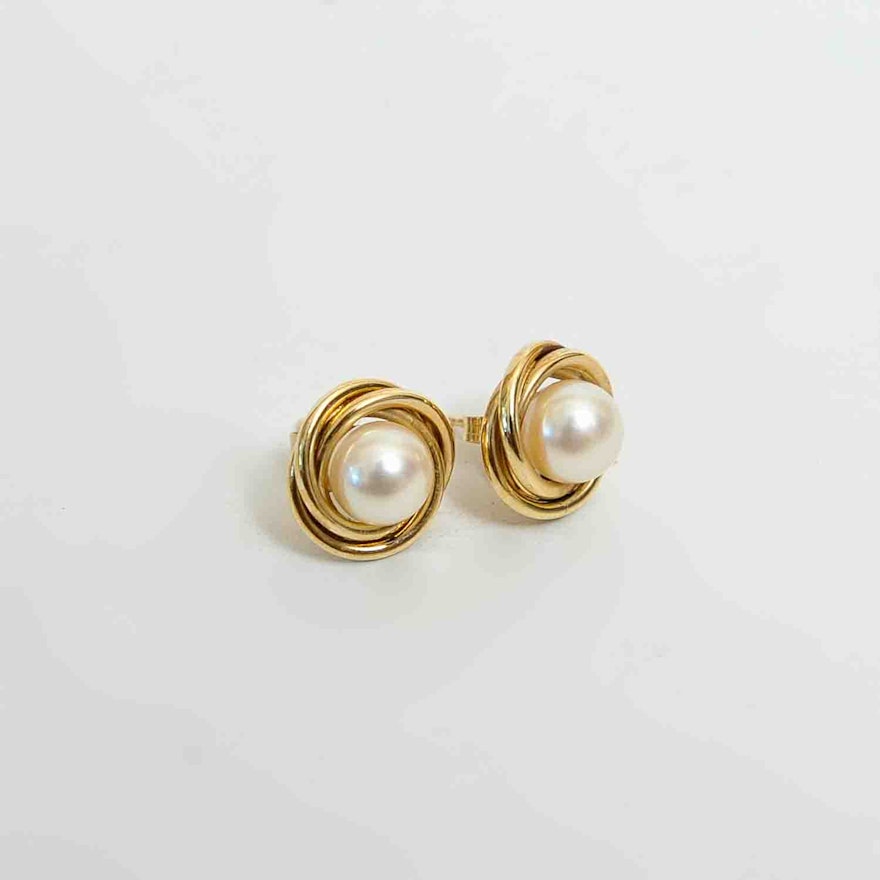 Pair Of Peter Brams Designs 14k Gold And Pearl Earrings Ebth Pair Of Peter Brams Designs 14k Gold And Pearl Earrings