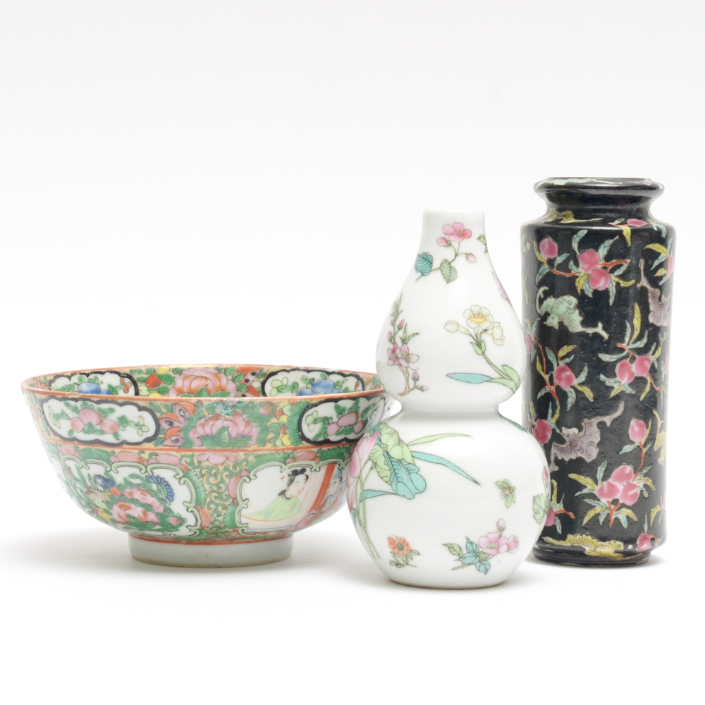 Collection of Hand Painted Chinese Vases and Bowl EBTH