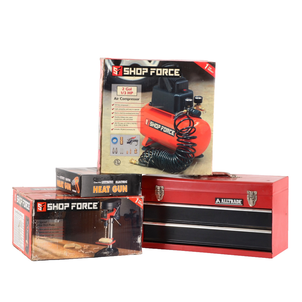 Shop Force Air Compressor and Mini Drill Press with Alltrade Tool Chest