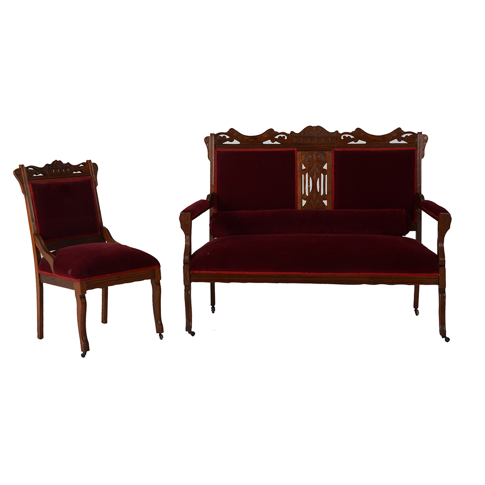 Walnut Eastlake Settee and Matching Side Chair EBTH