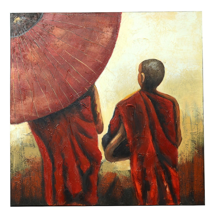 Acrylic on Canvas Painting Depicting Buddhist Monks Under Rice Paper