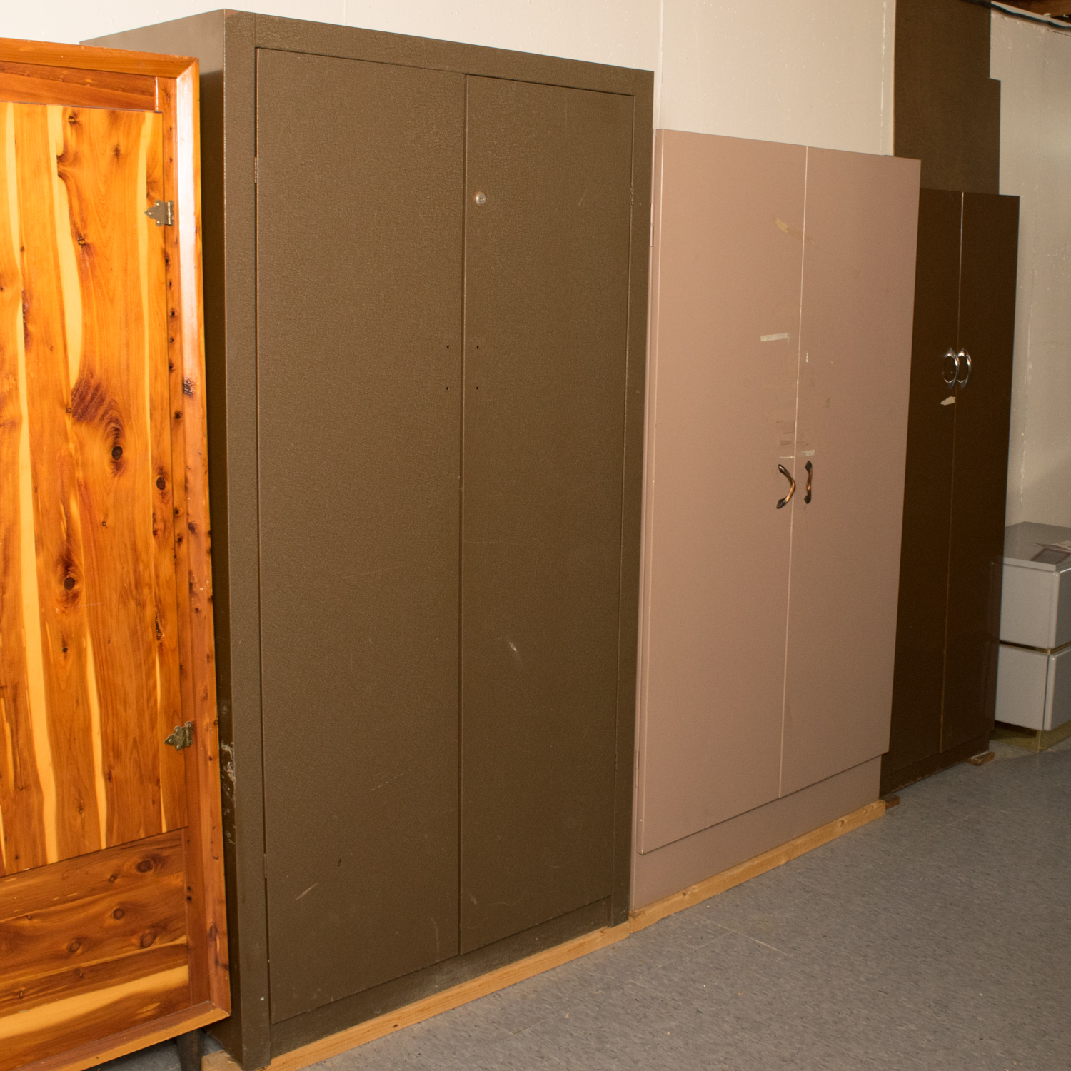 Three Assorted Vintage Metal Wardrobe Storage Cabinets Ebth