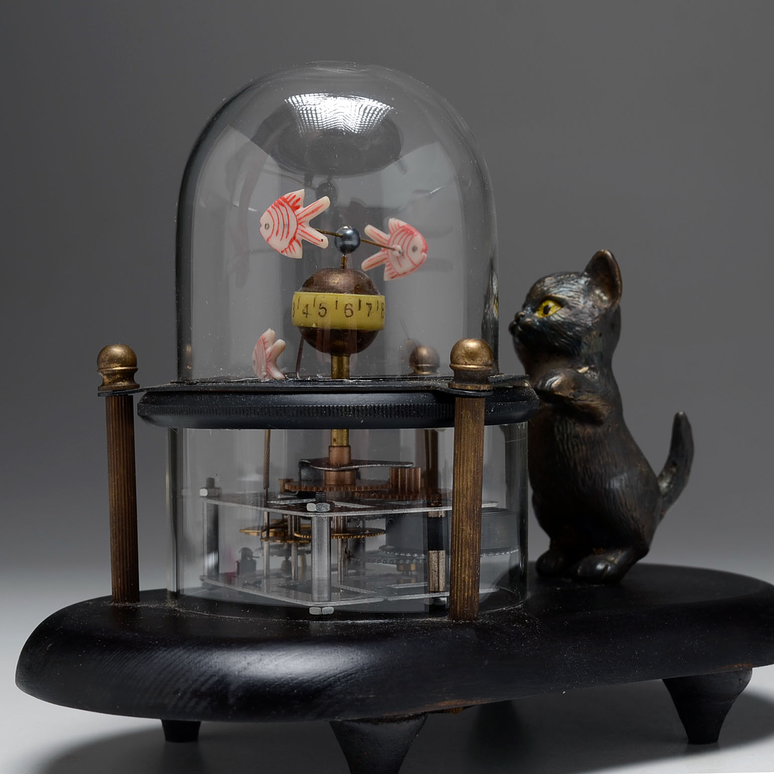 Asian Inspired Cat Watching Fish Mechanical Clock EBTH