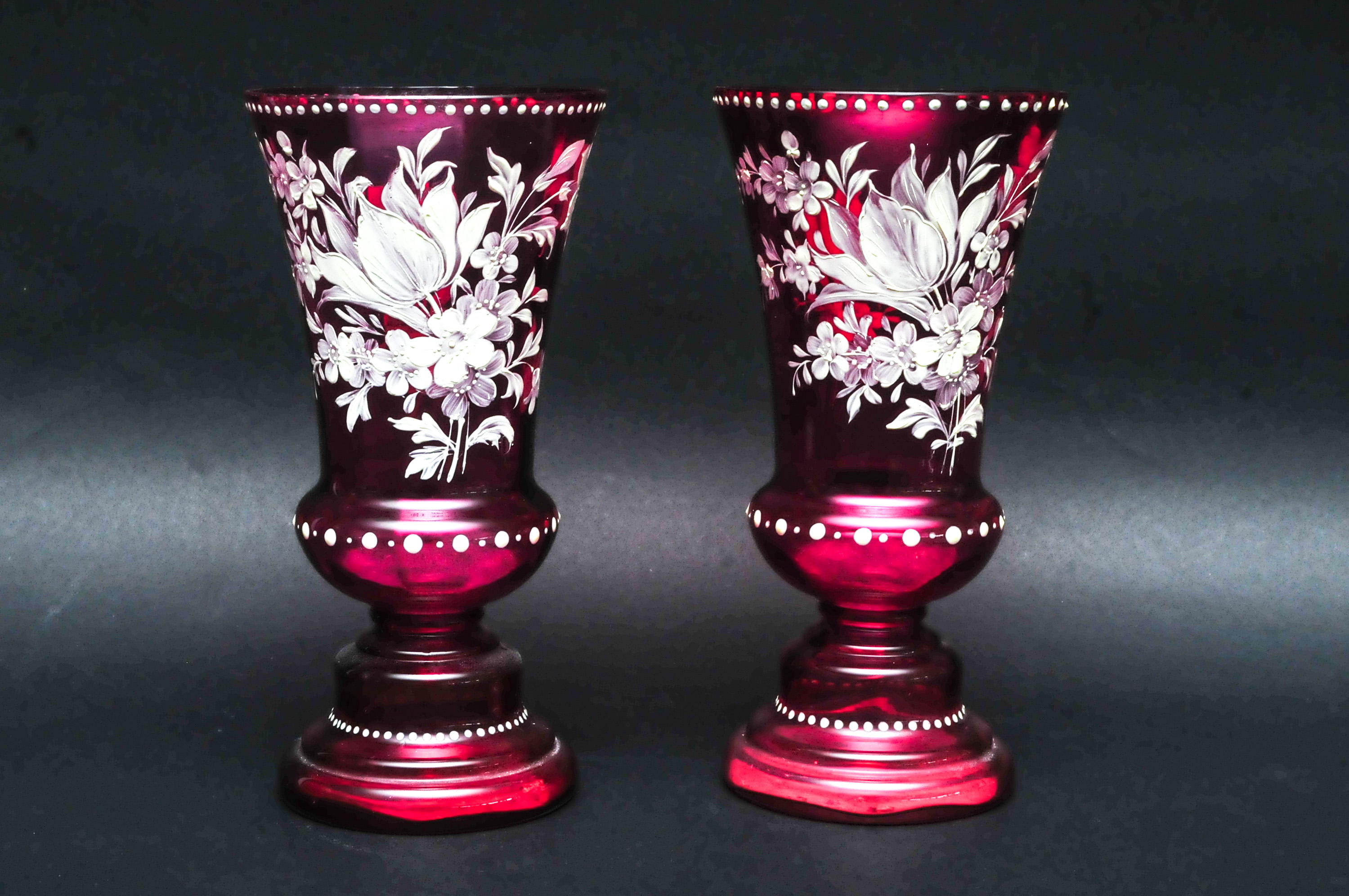 Antique Pair Of Cranberry Glass Vases Made In Czechoslovakia Ebth