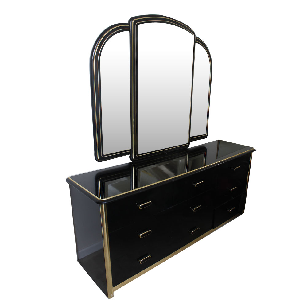 Black And Gold Lacquered Italian Dresser With Mirror Ebth