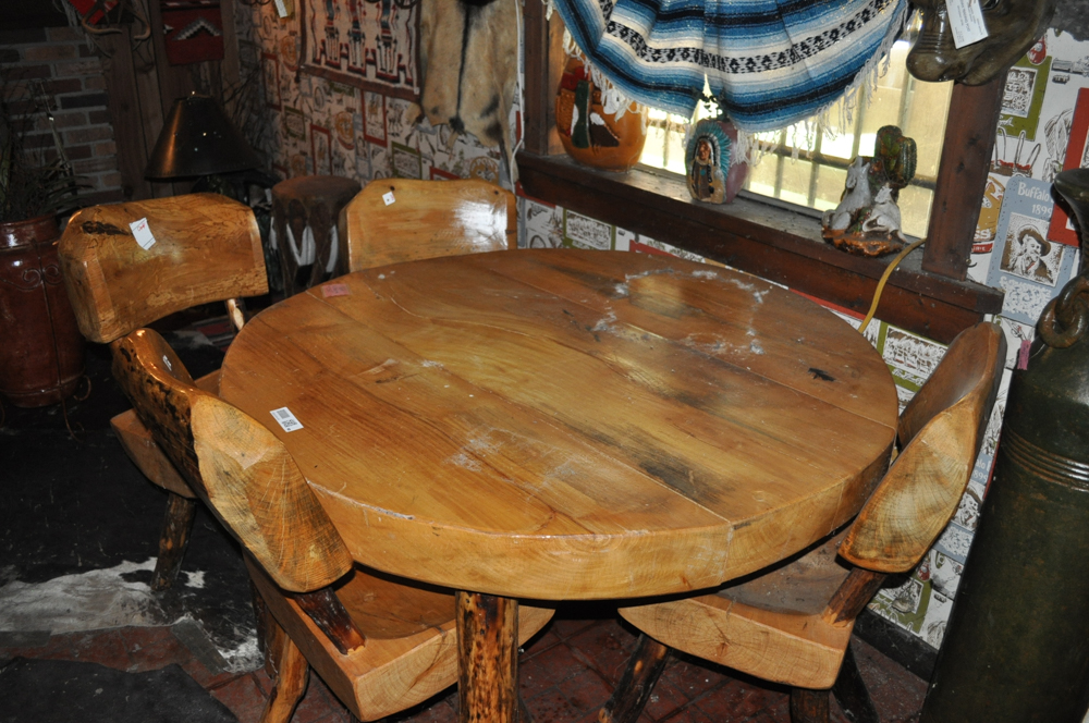 Rustic Wooden Slice Table And Four Matching Chairs