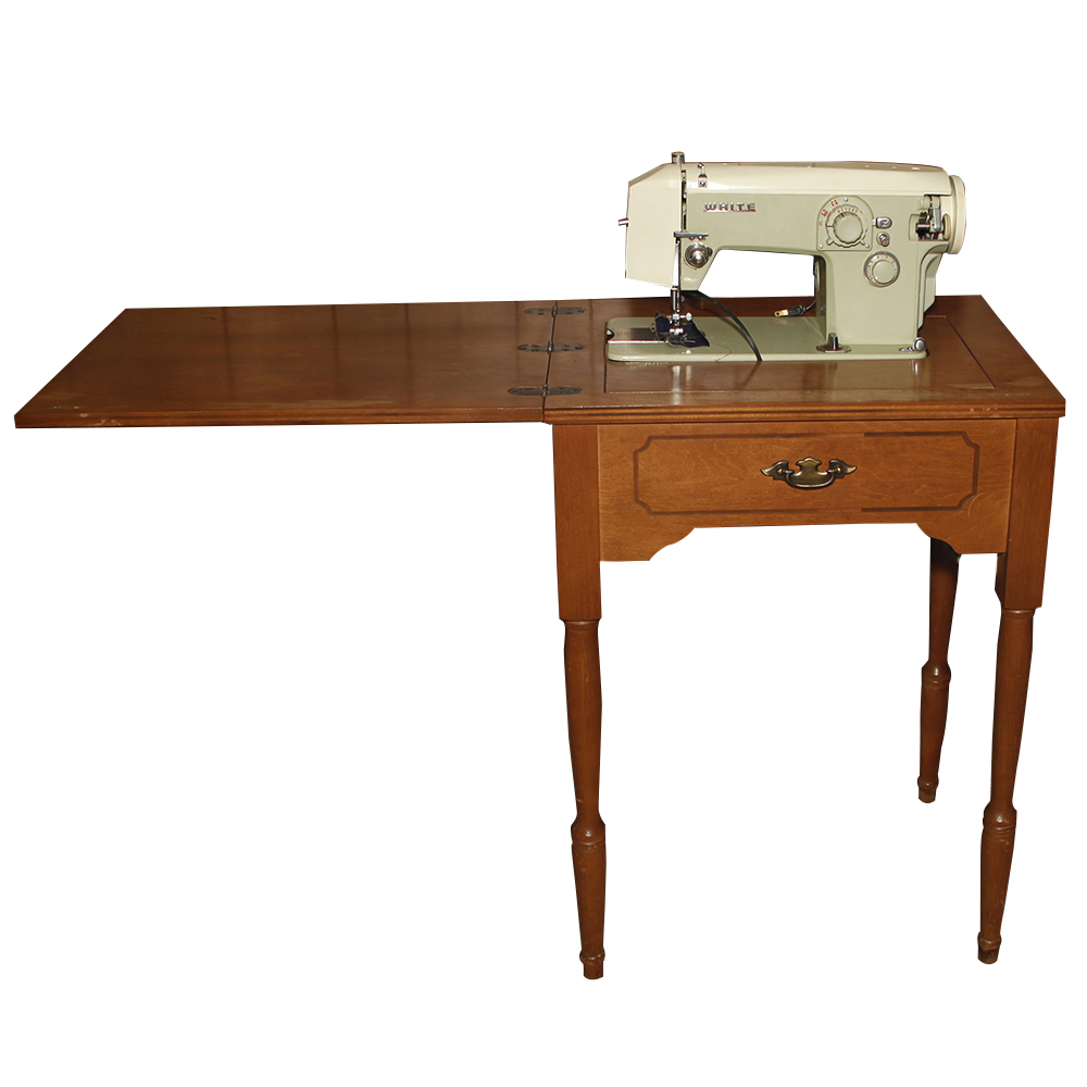 Vintage White Sewing Machine and Table EBTH