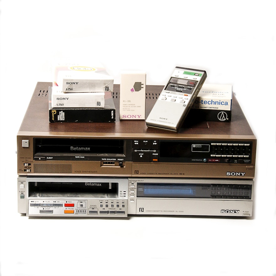 Pair of Sony Betamax Video Cassette Recorders with Remotes and ...