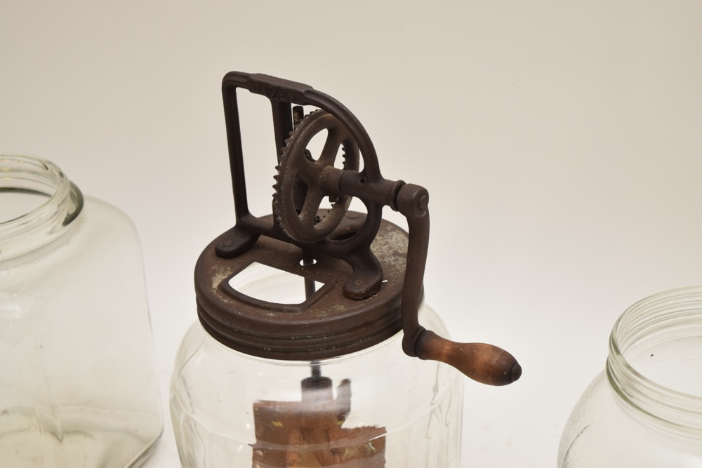 Antique Cool Water Fountain Butter Churn and Two Additional Glass Churn