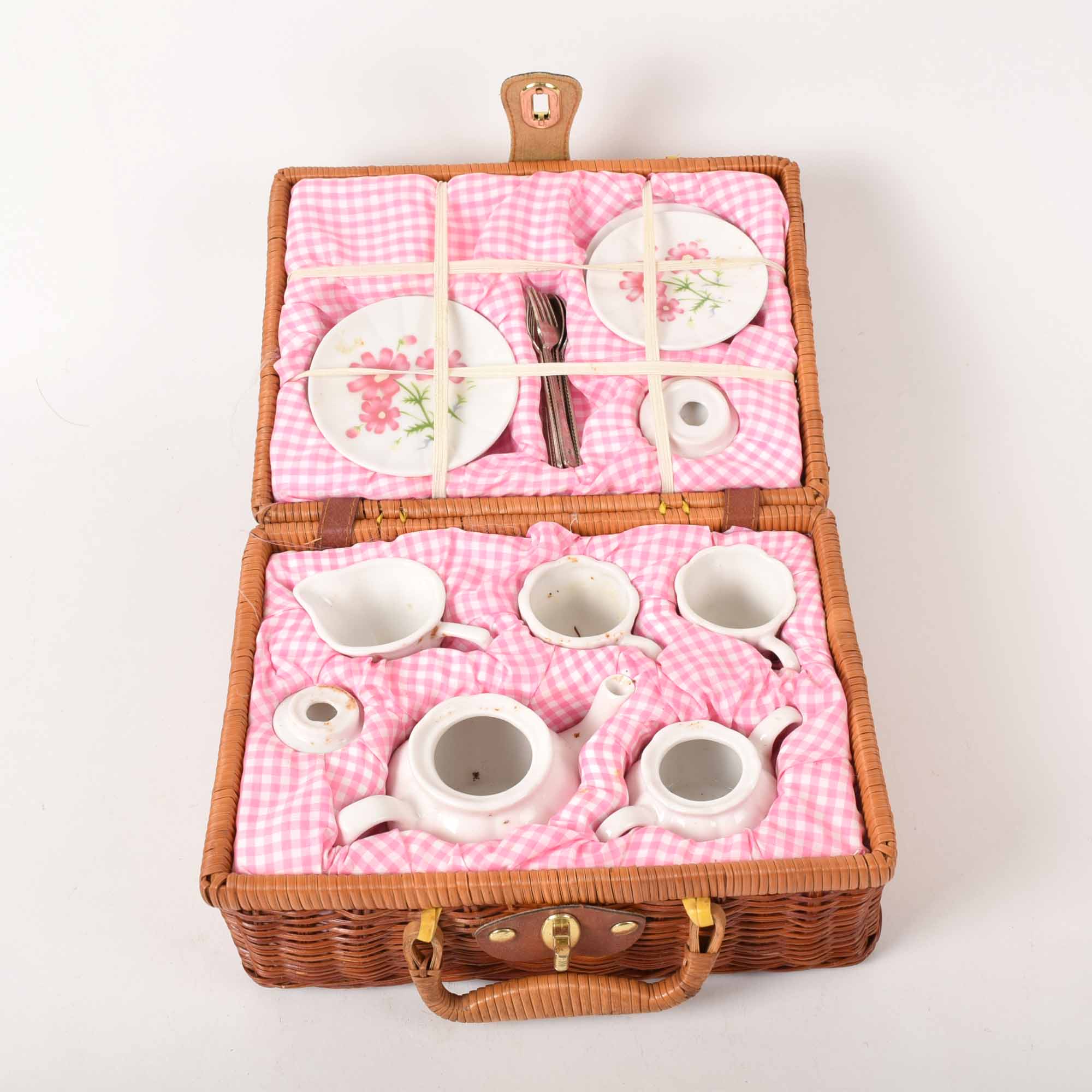 Vintage Child's China Tea Set in Wicker Basket EBTH