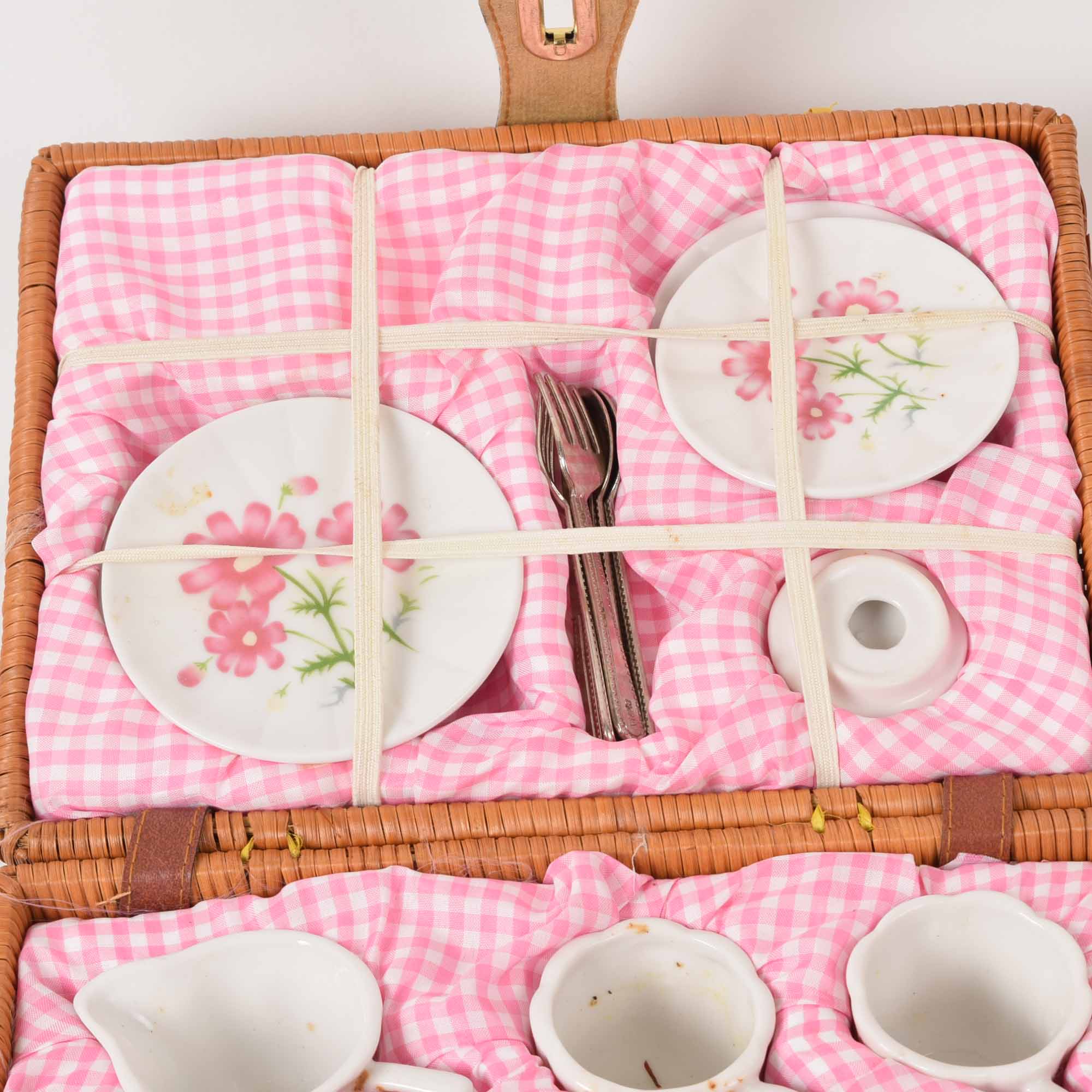 Vintage Child's China Tea Set in Wicker Basket EBTH