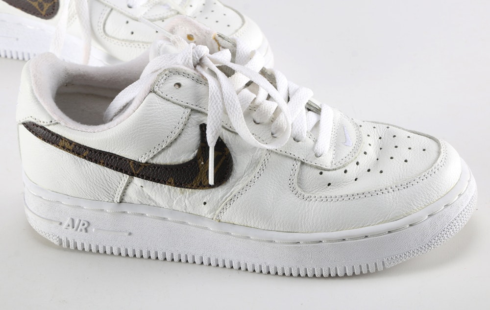 Pair of Youth Nike Air Force 1 Shoes with Louis Vuitton Swoosh | EBTH