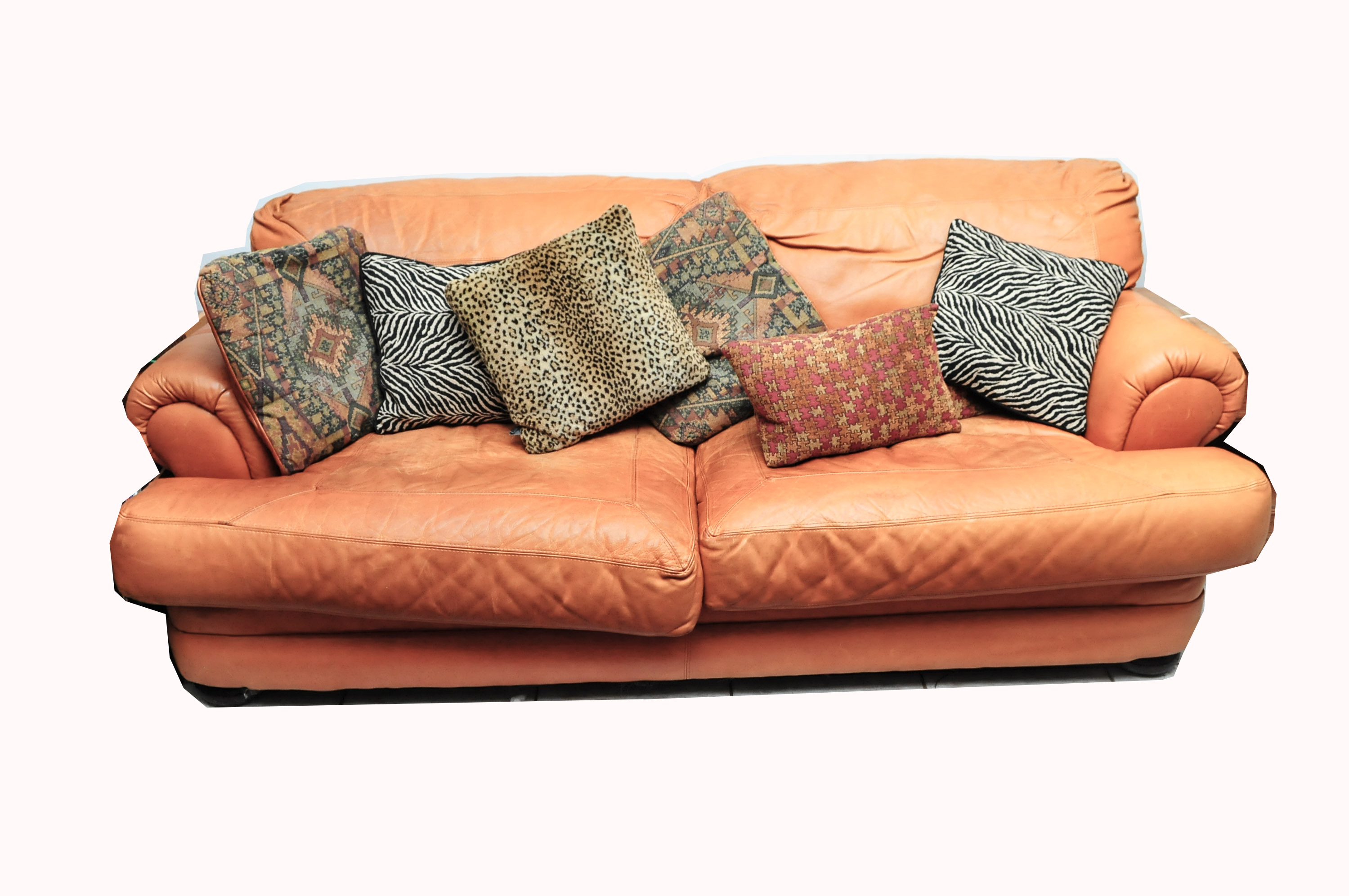 Sealy Leather Sofa With Decorative Pillows Ebth
