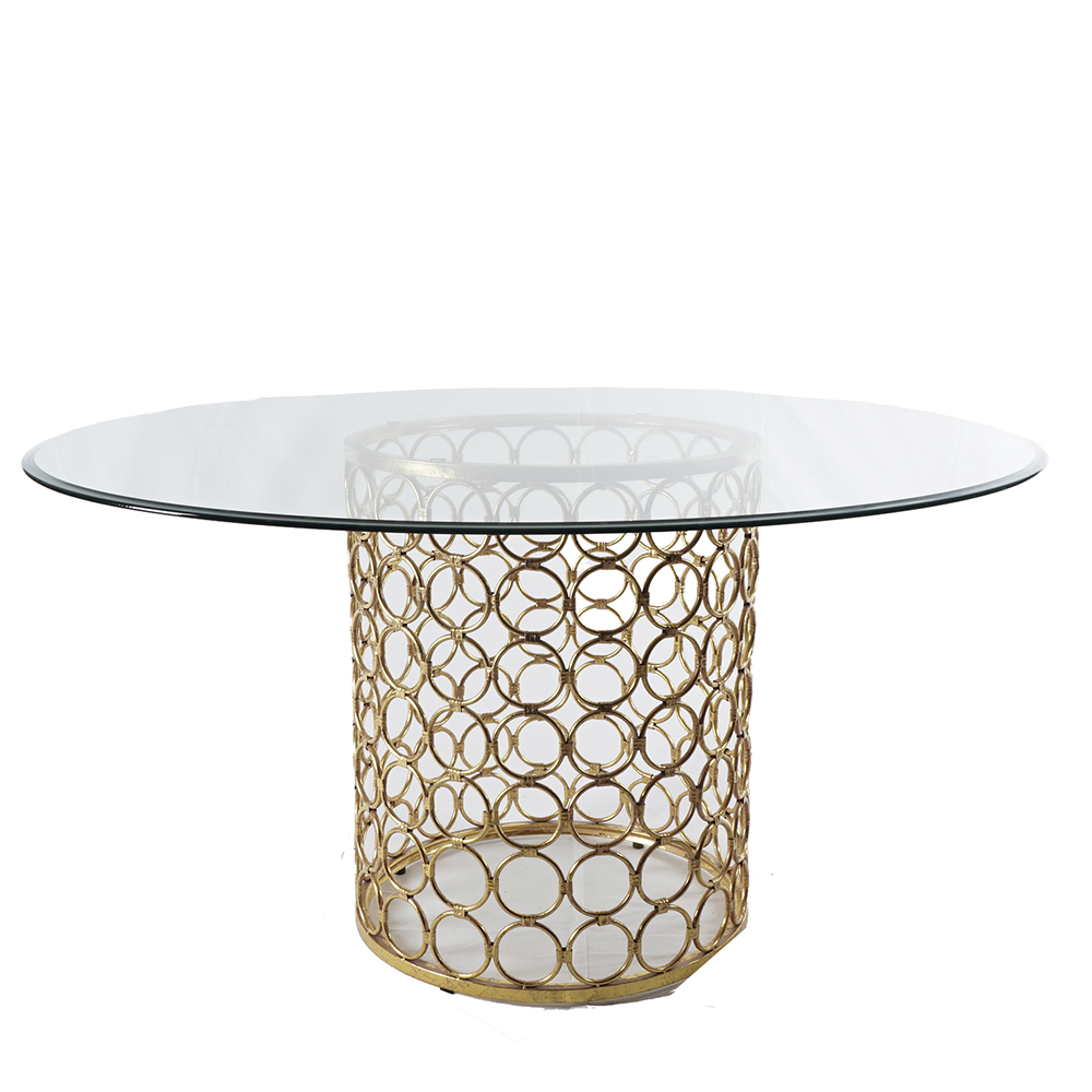 Circular Glass Dining Table with Perforated Brass Tone Pedestal EBTH