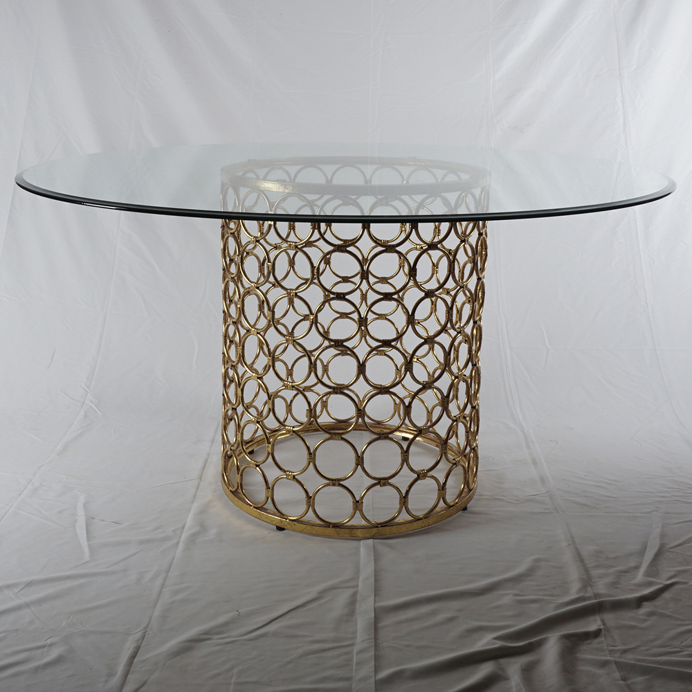 Circular Glass Dining Table with Perforated Brass Tone Pedestal EBTH