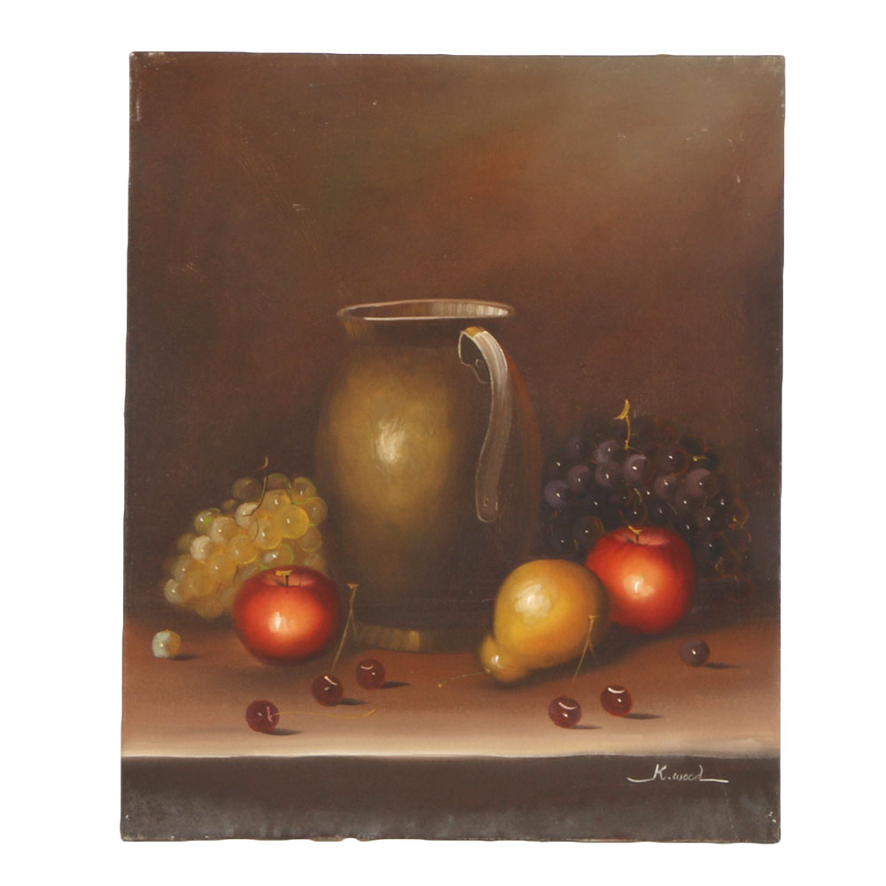 K Wood Signed Acrylic Still Life On Canvas Ebth