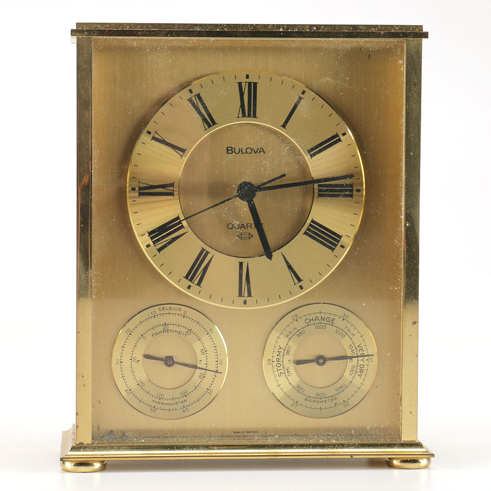 Gold Tone Bulova Mantel Clock with Thermometer and Barometer EBTH