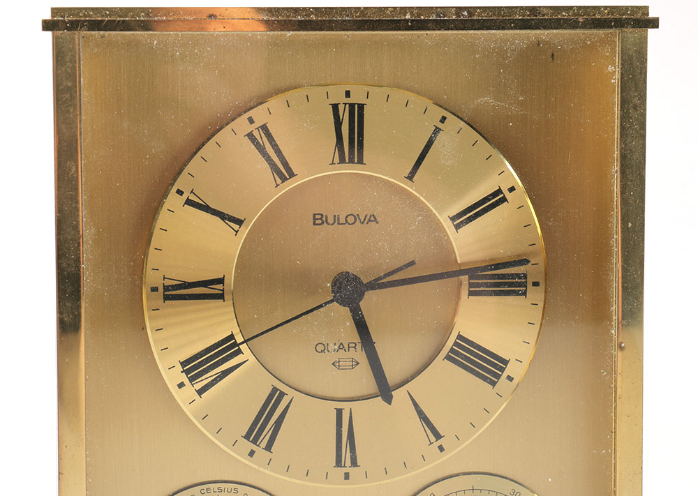 Gold Tone Bulova Mantel Clock with Thermometer and Barometer EBTH