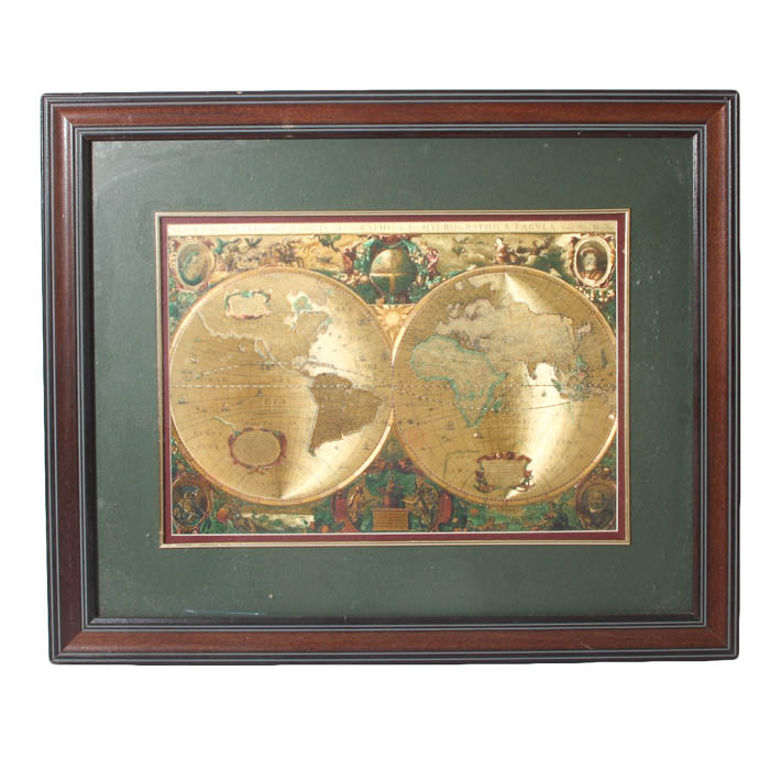 Framed Gold Foil Old World Map EBTH