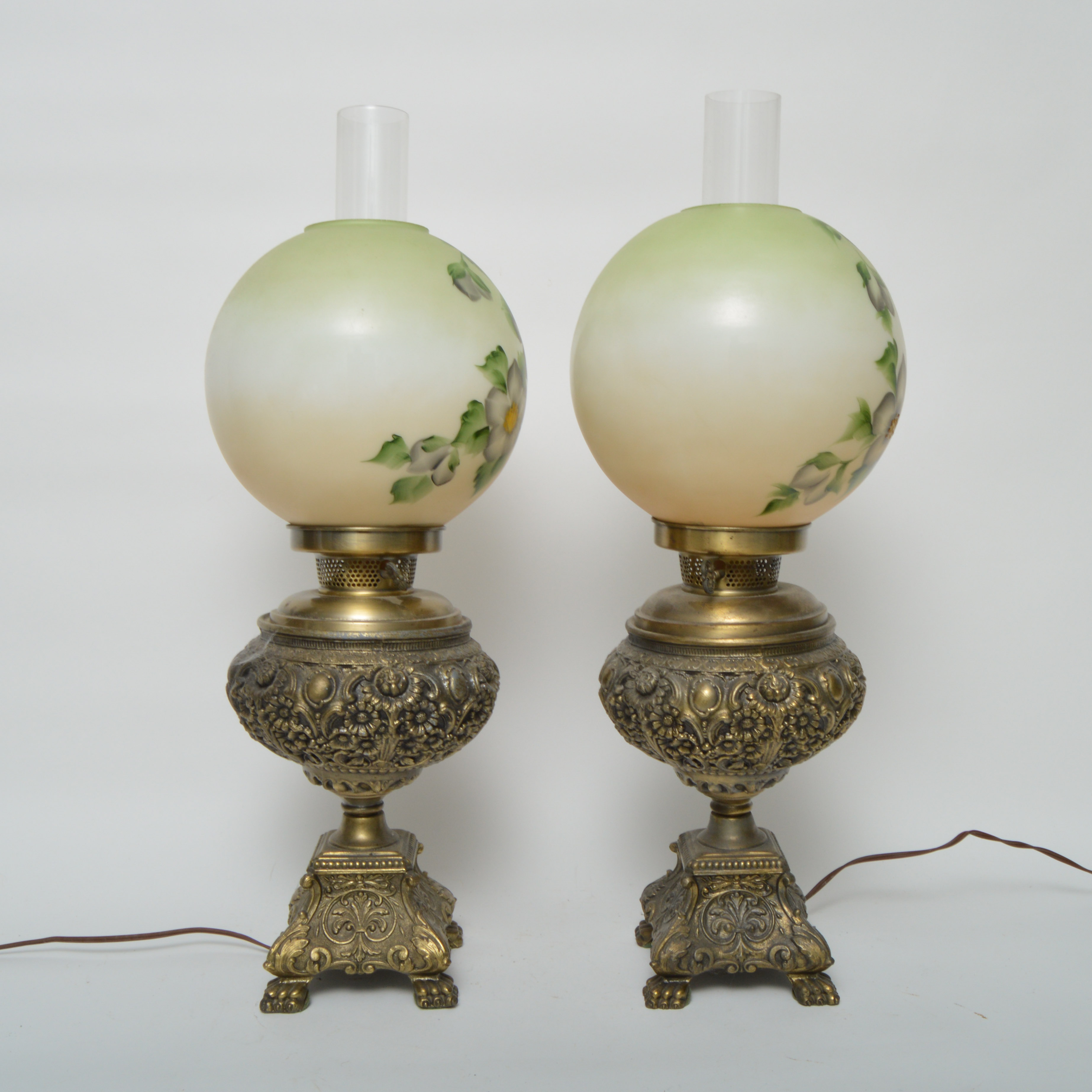 Vintage Parlor Brass Lamps with Hand Painted Globes EBTH